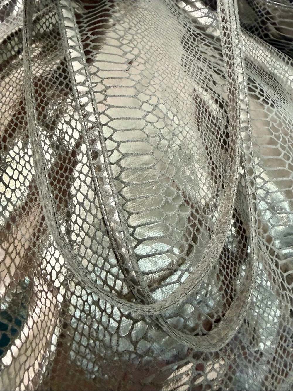Carlos Falchi Metallic Snakeskin Tote Bag Silver Gunmetal Hobo Shopper EUC